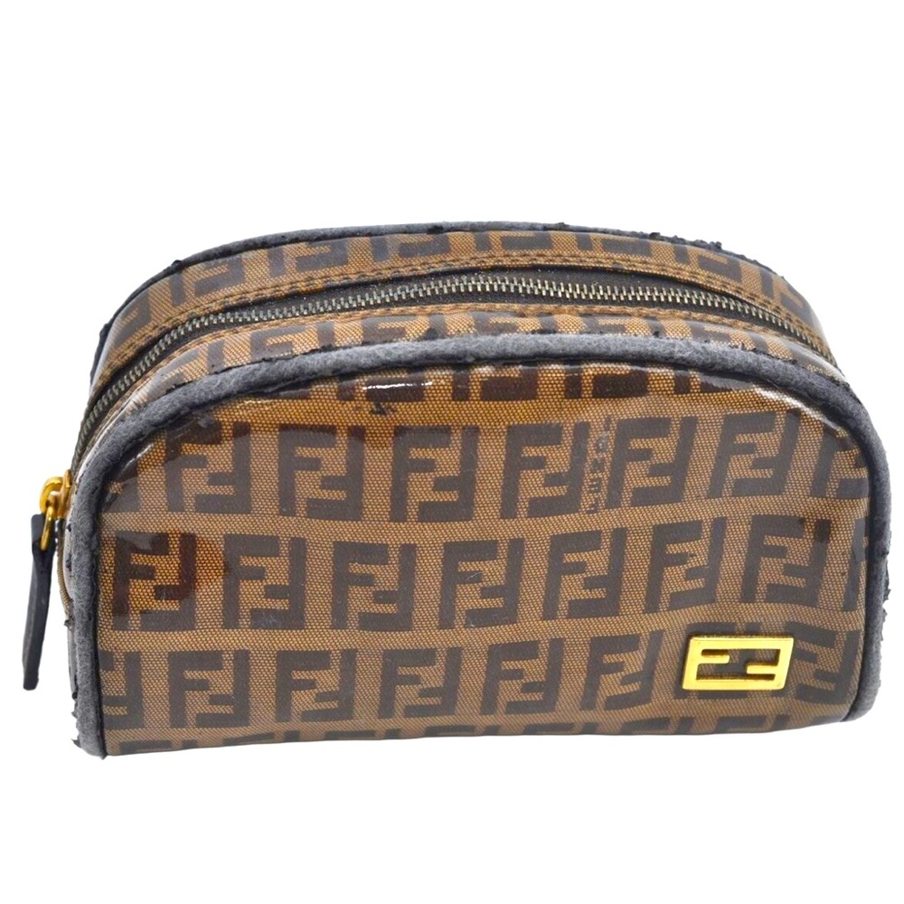 RARE🦄 Authentic FENDI Vintage Zucchino Pouch Purse PVC Leather Brown FF